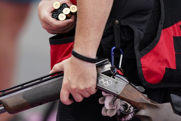 Andreas Loew, of Germany, competes in the men&#039;s trap at the Asaka Shooting Range in the 2020 Summer Olympics, Thursday, July 29, 2021, in Tokyo, Japan. (AP Photo/Alex Brandon)
Andreas Loew