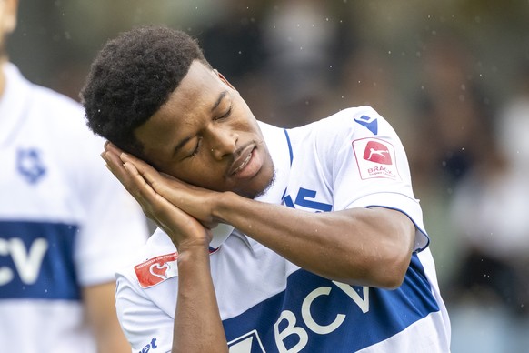 Beyatt Lekoueiry (LS) mit seinem Torjubel nach dem 1:2 im Sechzehntelfinal des Schweizer Fussball Cups zwischen dem FC Concordia und dem FC Lausanne-Sport im Leichtathletik-Stadion in Basel, am Sonnta ...