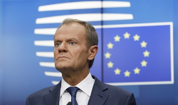 epa07930400 President of the European Council, Donald Tusk gives a press conference at the end of a summit in Brussels, Belgium, 18 October 2019. This news conference is supposed to be the last one in ...