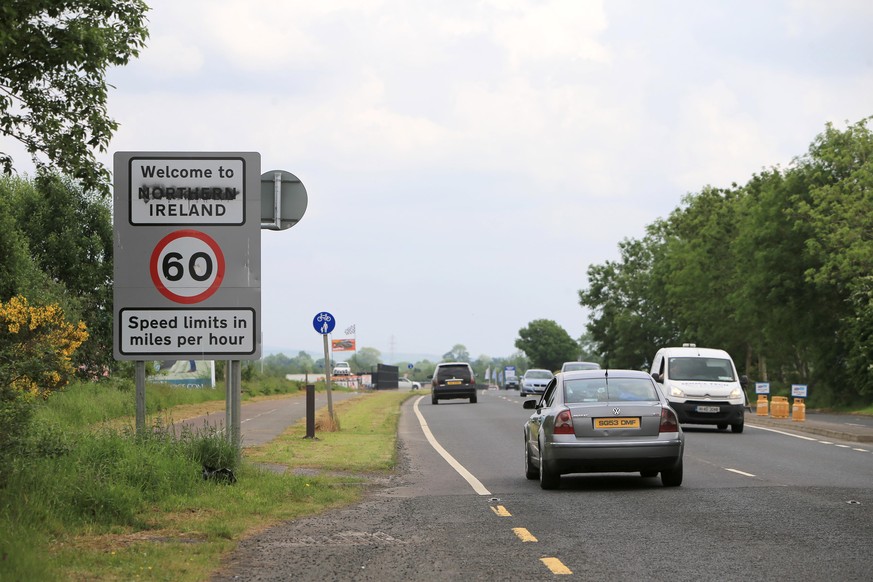 epa06778640 Traffic drive into County Derry/Londonderry Northern Ireland from and County Donegal, in the Irish Republic, 01 June 2018. Northern Ireland could be given joint EU and UK status and a 'buf ...