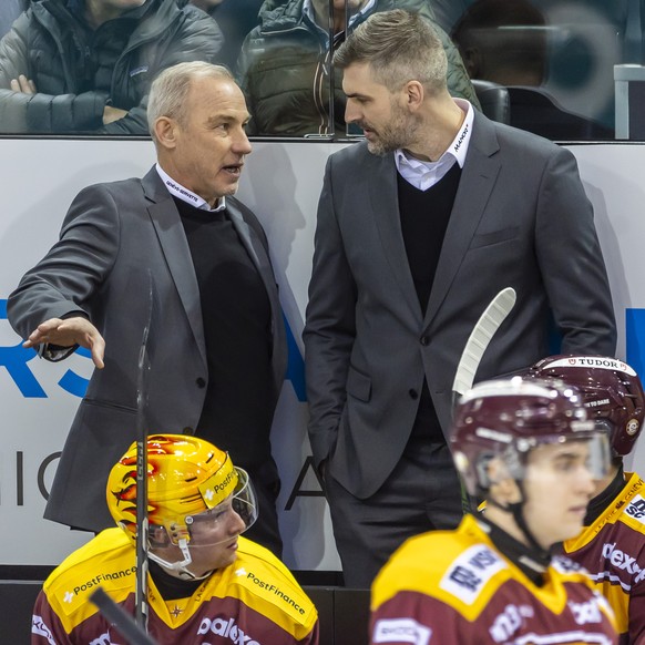 CAPTION ADDITION: ADDS NAME - Geneve-Servette&#039;s coach Rikard Franzen, left, and Geneve-Servette&#039;s coach Yorick Treille, right, react, during a National League regular season game of the Swis ...