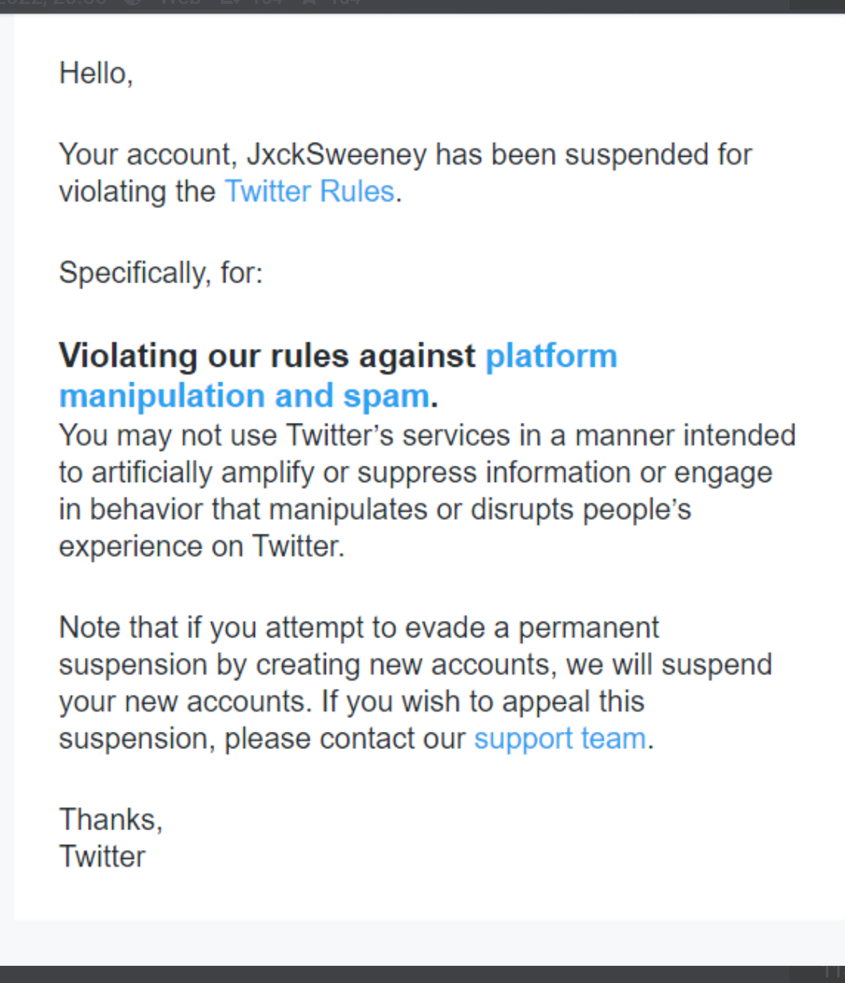 Laut Twitter-Mitteilung soll Sweeney die «Regeln gegen Plattform-Manipulation und Spam» verletzt haben.