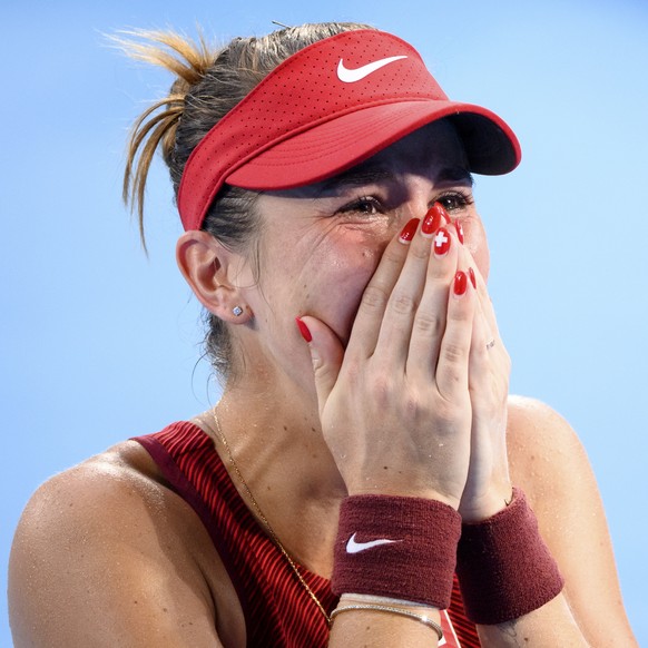 epa09376279 Belinda Bencic of Switzerland celebrates her win over Elena Rybakina of Kazakhstan in the women&#039;s singles tennis semifinal of the Tokyo 2020 Olympic Games, in Tokyo, Japan, 29 July 20 ...