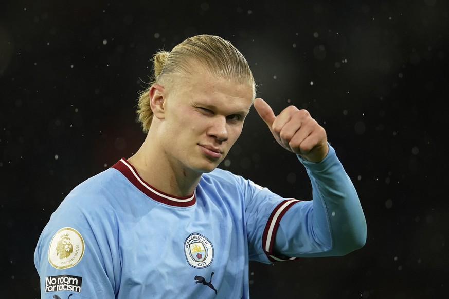 Manchester City&#039;s Erling Haaland gestures during the English Premier League soccer match between Manchester City and Everton at the Etihad Stadium in Manchester, England, Saturday, Dec. 31, 2022. ...