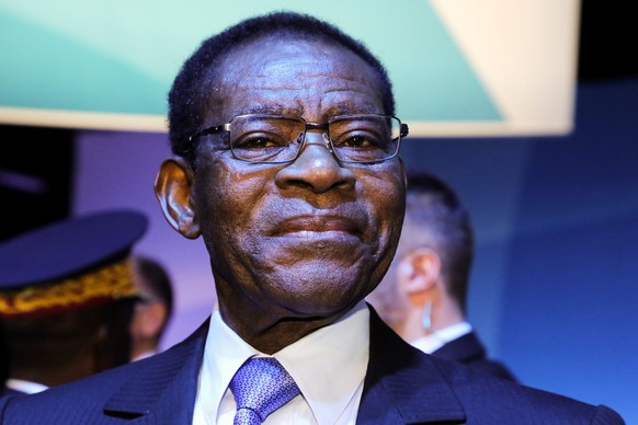 FILE - President Teodoro Obiang Nguema Mbasogo of Equatorial Guinea is pictured at the start of the Paris Peace Forum, November 12, 2019 in Paris.  Equatorial Guinea President Teodoro Obiang Nguema Mbasogo, A...