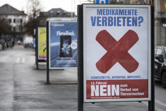 Ein Plakat mit der Aufschrift Medikamente verbieten? wirbt fuer ein Nein zum Verbot von Tierversuchen, fotografiert am Montag, 31. Januar 2022 in Uster. Am 13. Februar wird die Schweizer Bevoelkerung  ...