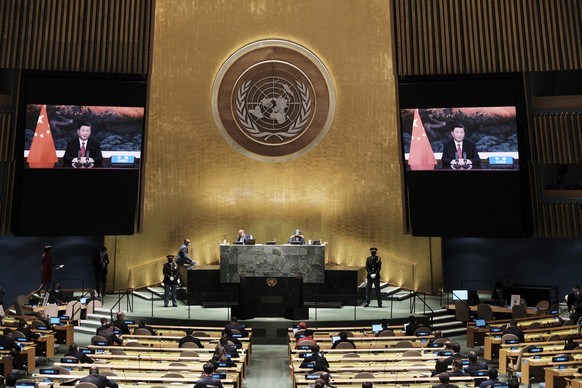 Chinese President Xi Jinping speaks via a video link during the annual gathering in New York City for the 76th session of the United Nations General Assembly (UNGA) Tuesday, Sept. 21, 2021. (Spencer P ...