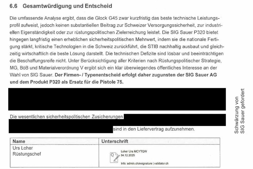 Auszug aus dem Evaluationsbericht von Armasuisse (Dezember 2025), auf Antrag von SIG Sauer in grossen Teilen geschwärzt.