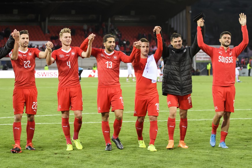 Switzerland&#039;s defender Fabian Schaer, Switzerland&#039;s defender Nico Elvedi, Switzerland&#039;s defender Ricardo Rodriguez, Switzerland&#039;s forward Mario Gavranovic, Switzerland&#039;s midfi ...