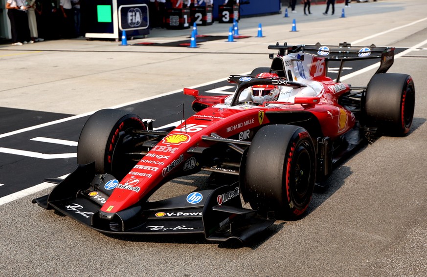 epa13278273 Scuderia Ferrari driver Charles Leclerc of Monaco drives through the pitlane in the Qualifying for the Formula One Bahrain Grand Prix in Malaysia, in Sepang, Malaysia, 03 October 2026. The ...