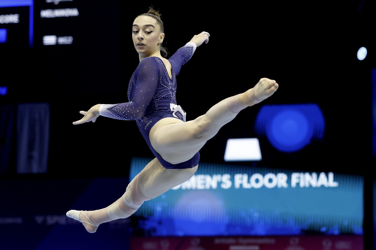 epa13172020 Lena Bickel of Switzerland competes during the Apparatus Final Seniors Floor exercise at the 36th European Women's Artistic Gymnastics Championships in Zagreb, Croatia, 15 August 2026 ...