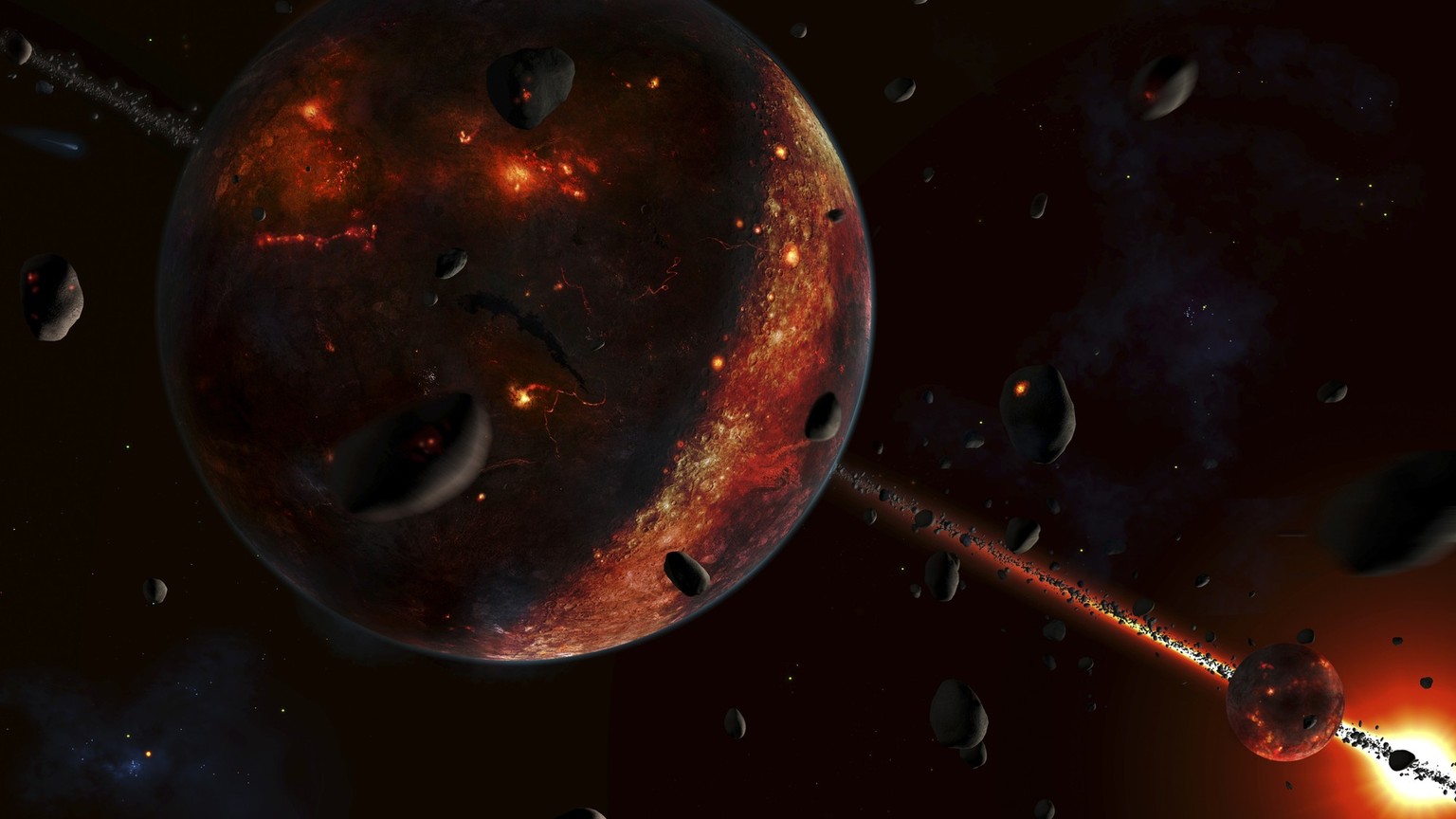 A scene portraying the early stages of a solar system forming, when the (proto09/14/2009)planet(09/14/2009s) are heavily bombarded with smaller bodies, such as asteroids and comets. The presence of th ...