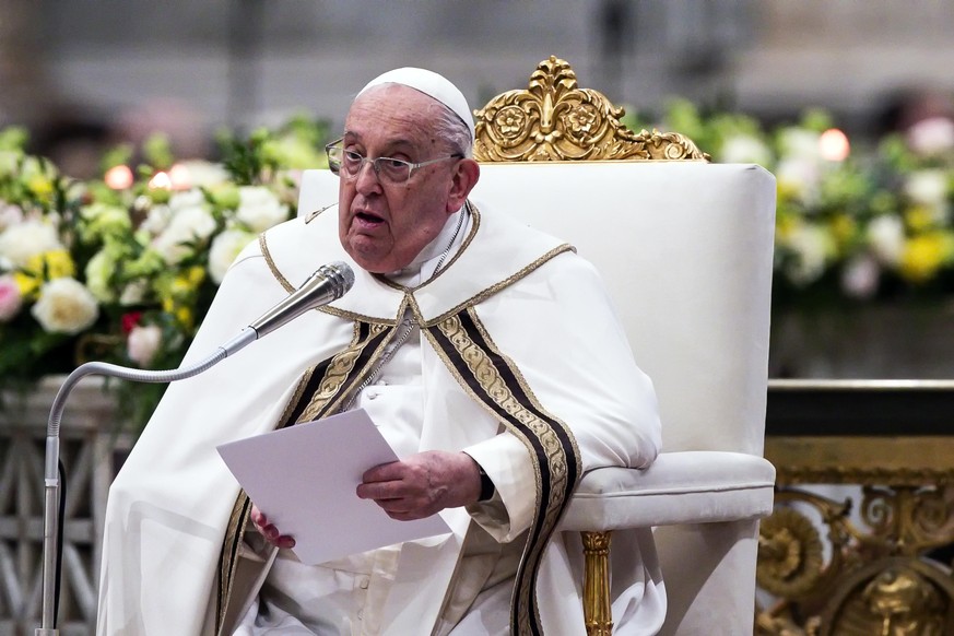 epa11852861 Pope Francis speaks during the celebration of Vespers, on the solemnity of the conversion of Saint Paul, in the Basilica of Saint Paul Outside the Walls, in Rome, Italy, 25 January 2025. E ...