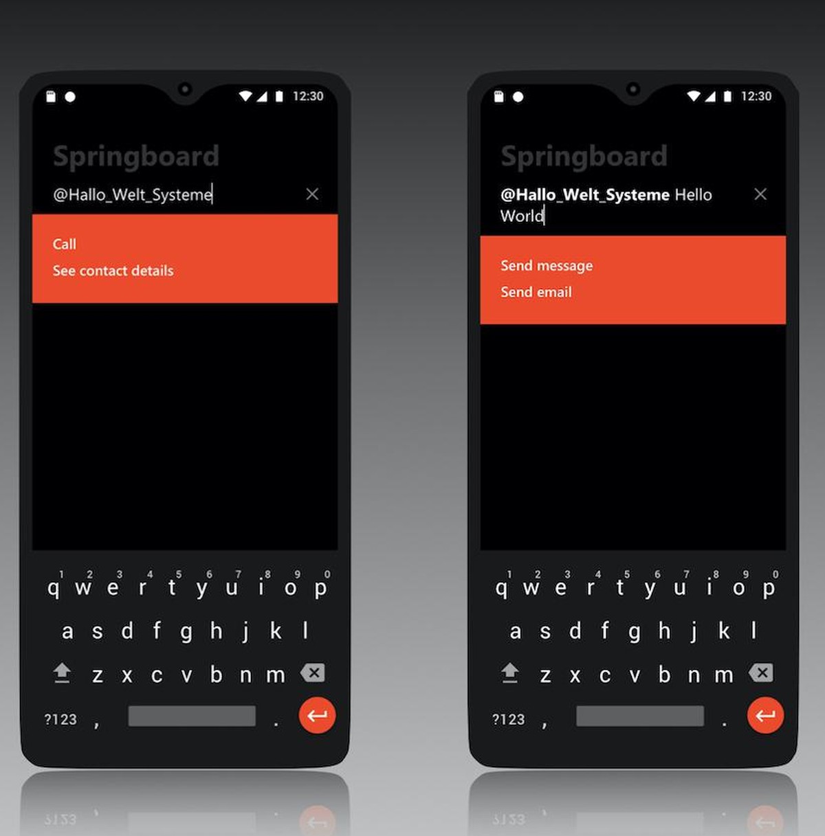 Anrufe, SMS oder E-Mails können vom Home-Screen aus gestartet werden, indem zunächst ein @-Zeichen getippt wird.