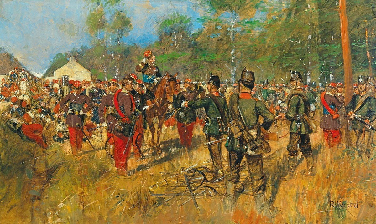 Capitulation de Napoléon III en 1870 à Sedan. Tableau de Richard Knötel, 1914.
https://commons.wikimedia.org/wiki/File:Richard_Kn%C3%B6tel_-_Kapitulation_Kaiser_Napoleons_III._am_1._September_1870_nac ...