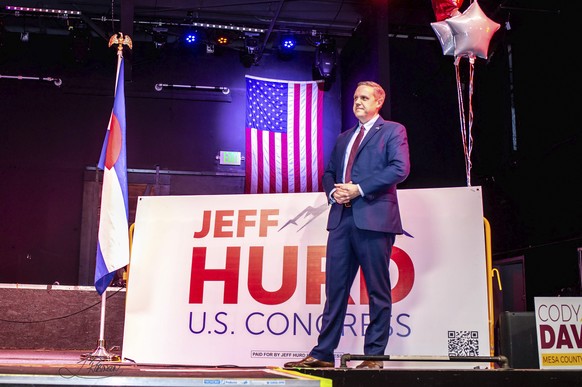 Jeff Hurd, Republican candidate for Colorado's 3rd Congressional District seat, listens to speakers at an election watch party Tuesday, Nov. 5, 2024, in Grand Junction, Colo. (Larry Robinson/Gran ...
