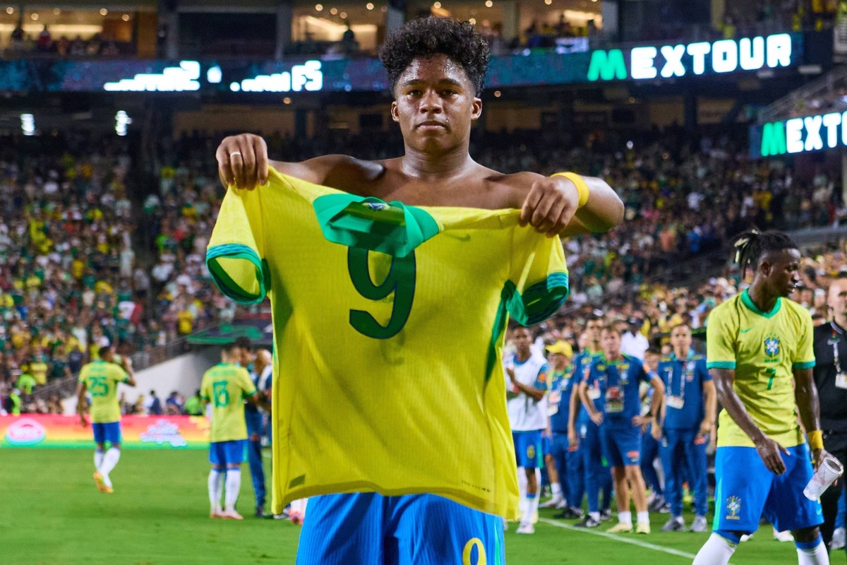 RECORD DATE NOT STATED Seleccion Mexicana 2024 Mexico vs Brazil Endrick Felipe celebrates his goal 2-3 of Brazil during the game International Friendly, L�nderspiel, Nationalmannschaft between Mexican ...