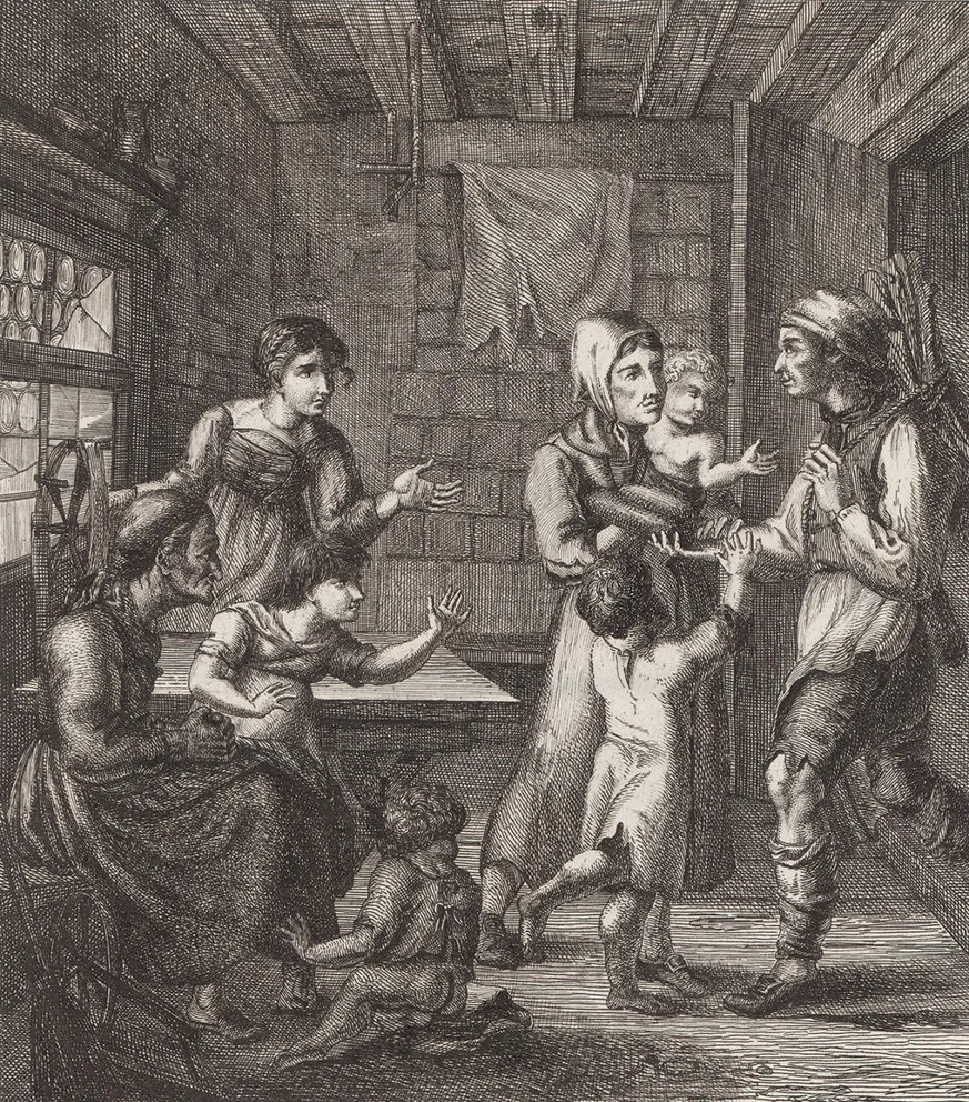 Gemeinnützige Sparinitiativen sollten mithelfen, solche Zustände zu lindern: Notleidende Familie während des Winters 1816/1817. Kupferstich von Johann Caspar Schinz.
https://permalink.nationalmuseum.c ...