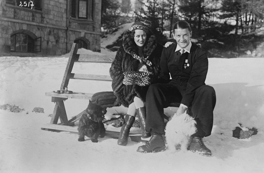 Switzerland Gloria Swansen and her husband among the snow at St Moritz . Gloria Swansen and her husband Mr Michael farmer are among the many visitors to St Moritz Switzerland , wher winter sports are  ...