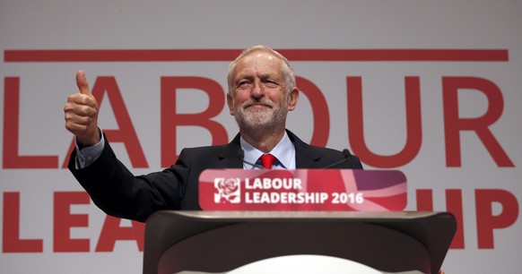 The leader of Britain&#039;s opposition Labour Party, Jeremy Corbyn, reacts after the announcement of his victory in the party&#039;s leadership election, in Liverpool, Britain September 24, 2016. REU ...