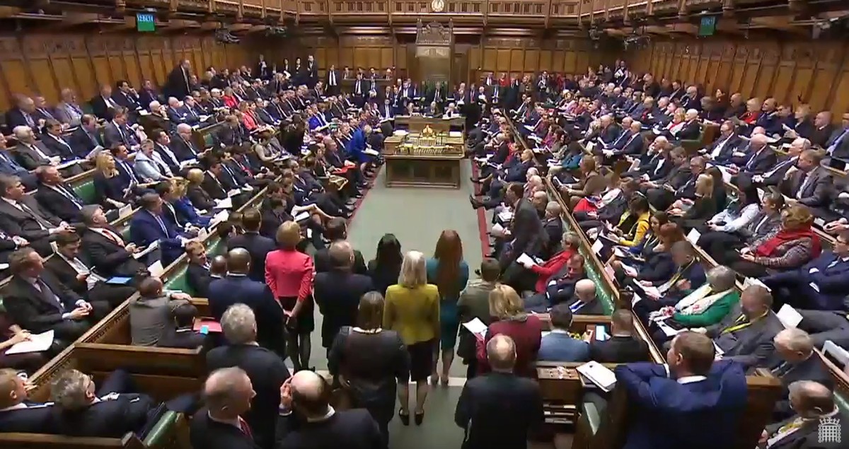 epa07289441 A handout video-grabbed still image from a video made available by UK parliament's parliamentary recording unit showing British a general view of the debate during a Prime Ministers Q ...