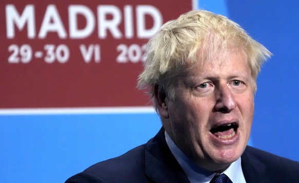 British Prime Minister Boris Johnson speaks during a media conference at a NATO summit in Madrid, Spain on Thursday, June 30, 2022. North Atlantic Treaty Organization heads of state met for the final  ...