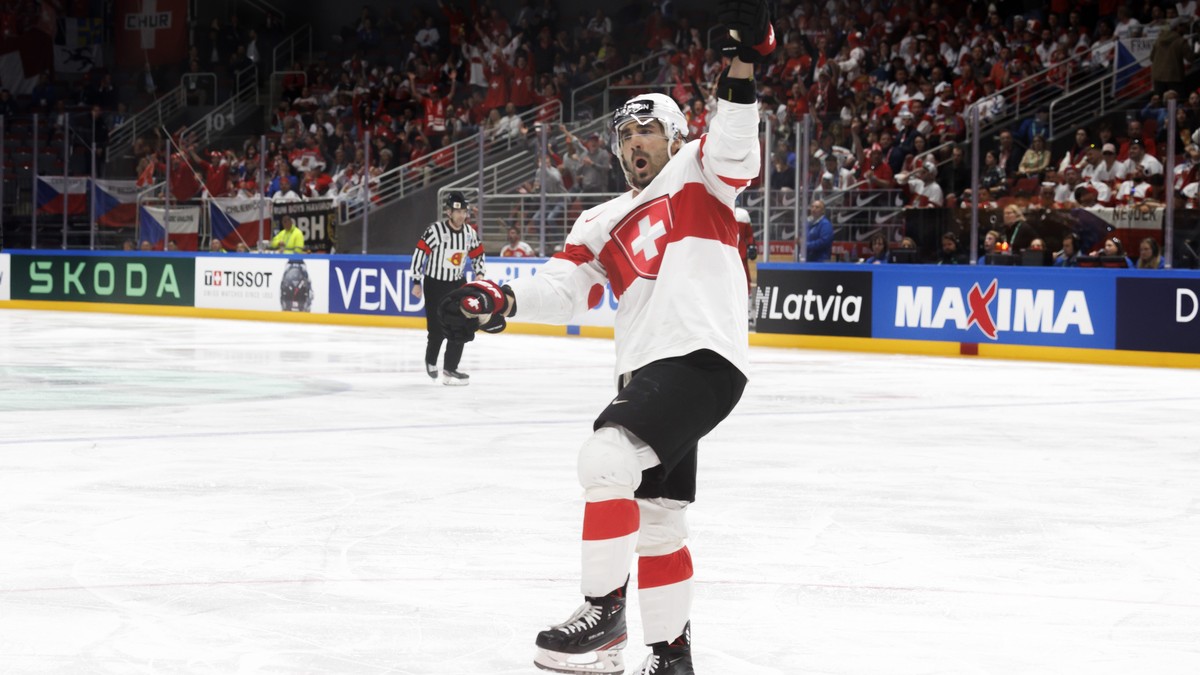 Switzerland's forward Andres Ambuehl celebrates his goal after scoring the 1:2, during the IIHF 2023 World Championship preliminary round group B game between Czech Republic and Switzerland, at t ...