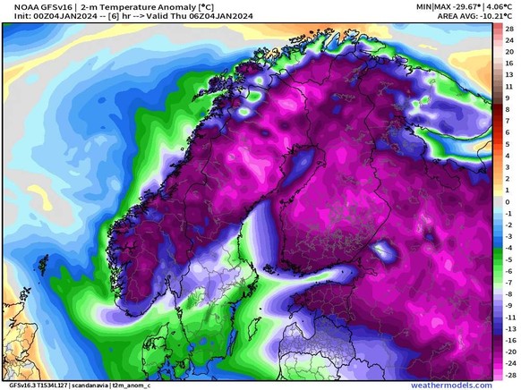 Die Kälteanomalie über Skandinavien.