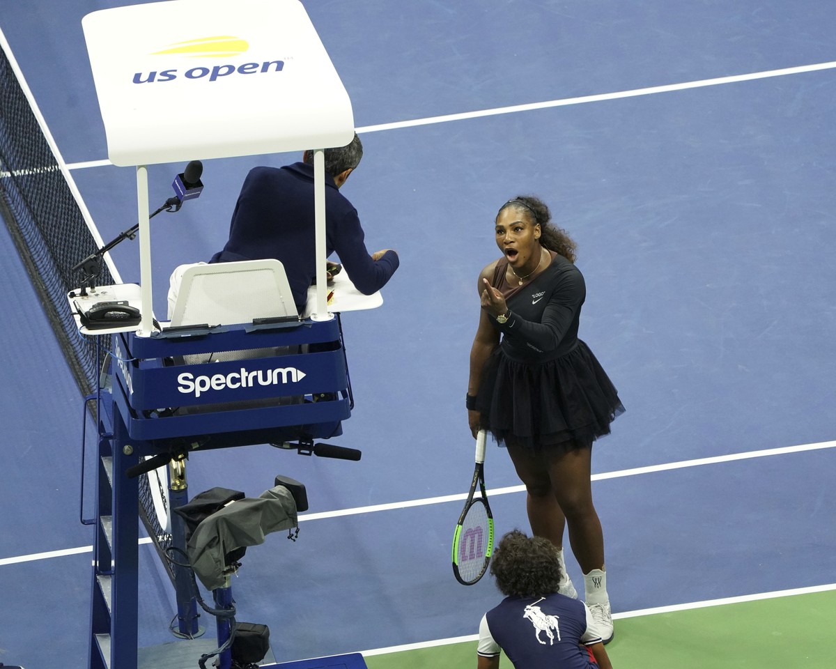 Serena Williams argues with the chair umpire during a match against Naomi Osaka, of Japan, during the women's finals of the U.S. Open tennis tournament at the USTA Billie Jean King National Tenni ...