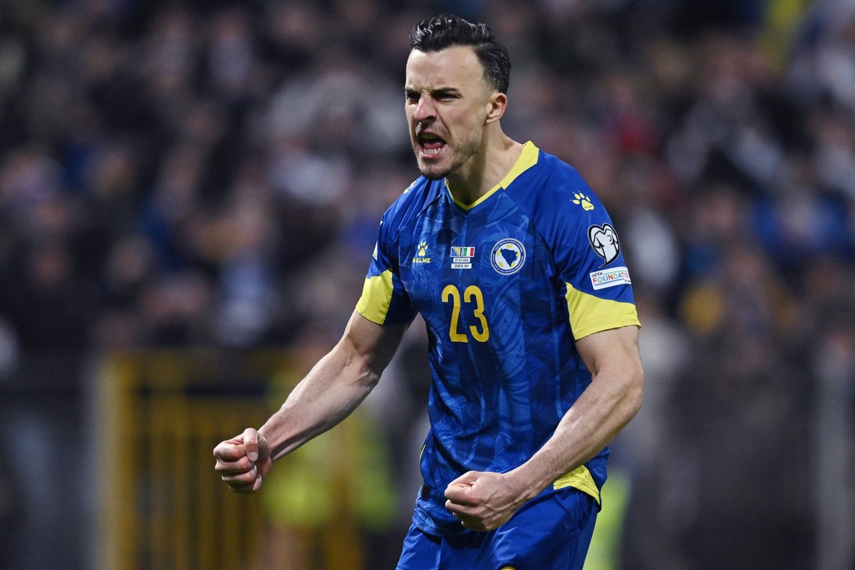 Db Zenica 31/03/2026 - spareggio qualificazioni Mondiali 2026 / Bosnia Erzegovina-Italia / foto Daniele Buffa/Image nella foto: esultanza Haris Tabakovic PUBLICATIONxNOTxINxITA