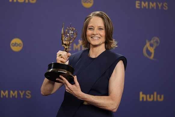 Jodie Foster poses in the press room with the award for outstanding lead actress in a limited or Anthology series or movie for &quot;True Detective: Night Country&quot; during the 76th Primetime Emmy  ...