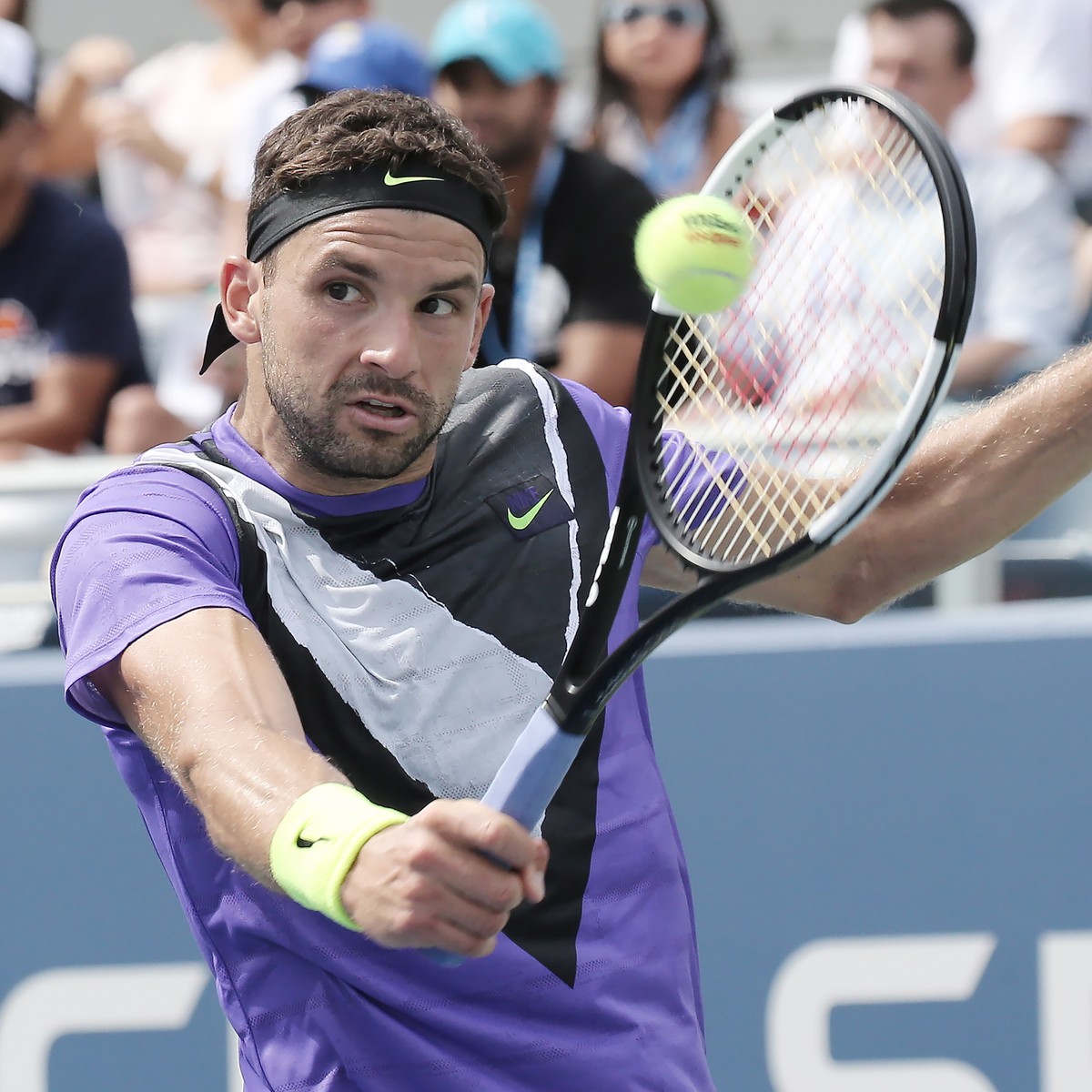 epa07811412 Grigor Dimitrov of Bulgaria hits a return to Alex de Minaur of Australia during their match on the seventh day of the US Open Tennis Championships the USTA National Tennis Center in Flushi ...