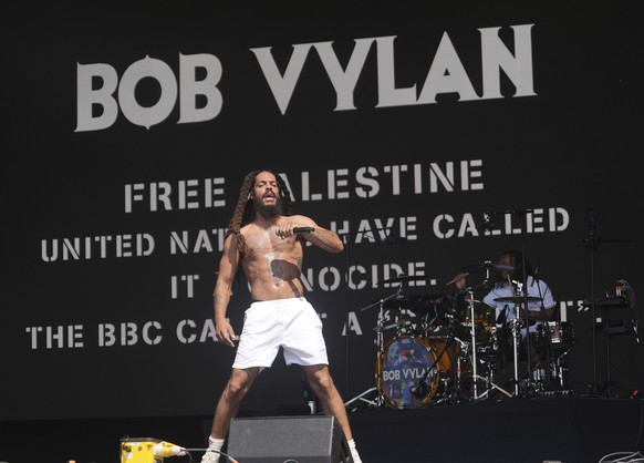 Bob Vylan perform on the West Holts Stage, during the Glastonbury Festival at Worthy Farm in Somerset. England, Saturday, June 28, 2025. (Yui Mok/PA via AP)
Britain Glastonbury Music Festival Day 4