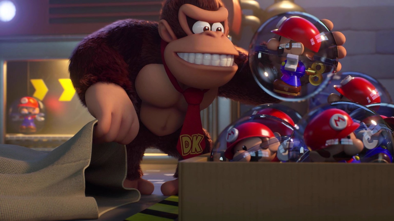 Gierig klaut Donkey Kong alle Mini-Figuren, die in seinen Sack passen.