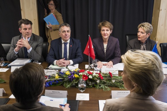 epa08144679 The Swiss delegation with State Secretary Roberto Balzaretti, Swiss Federal Councillor Ignazio Cassis, Swiss President Simonetta Sommaruga, and Federal Councillor Karin Keller-Sutter, back ...