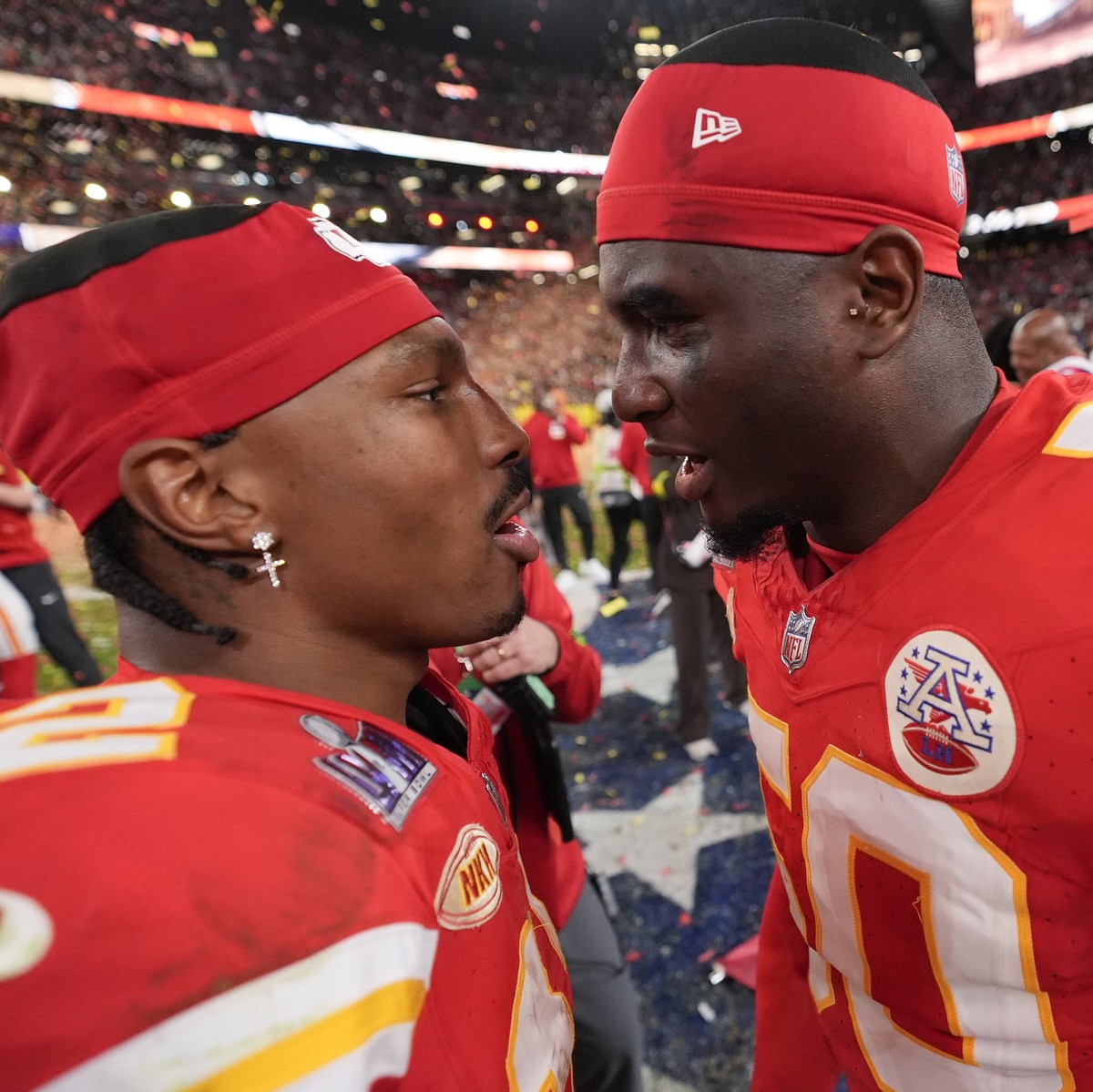 Kansas City Chiefs wide receiver Mecole Hardman Jr. (12) and Kansas City Chiefs linebacker Willie Gay (50) celebrate after the NFL Super Bowl 58 football game against the San Francisco 49ers on Sunday ...