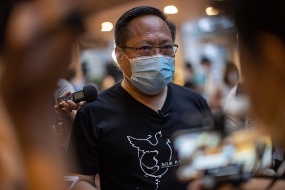 epa09439985 (FILE) - Democracy activist and former lawmaker Albert Ho Chun-yan speaks to reporters at the University of Hong Kong in Hong Kong, China, 02 May 2021 (reissued 01 September 2021). Seven p ...