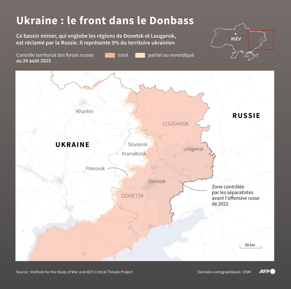 Carte montrant les zones contrôlées par les forces russes dans le Donbass, au 24 août 2025, à partir des données fournies par l'ISW.