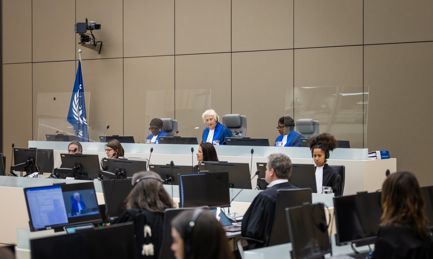 epa09871785 A handout photo made available by the International Criminal Court (ICC-CPI) shows a general view of the courtroom during the opening of the war crimes trial against Ali Muhammad Ali Abd-A ...