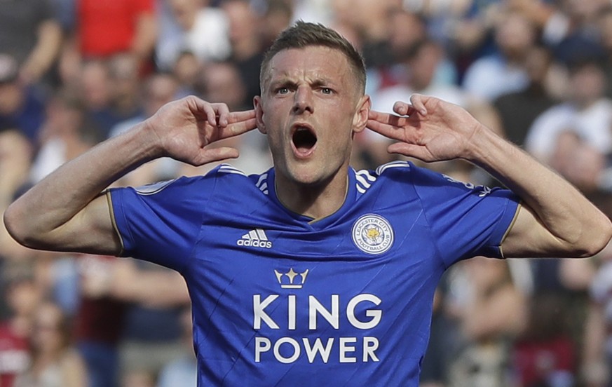 FILE - Leicester City&#039;s Jamie Vardy celebrates after scoring his sides 1st goal of the game during the English Premier League soccer match between West Ham and Leicester City at the London stadiu ...