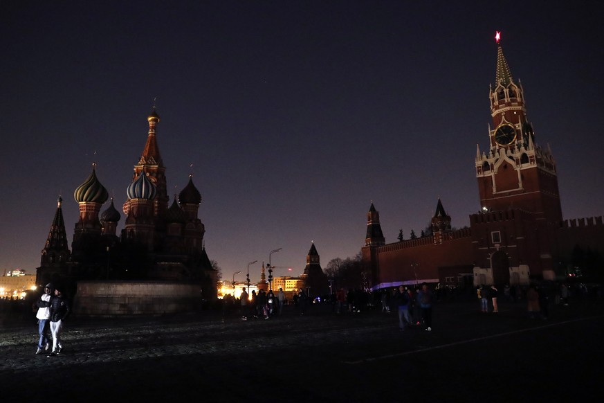 epa07474654 A view of the Kremlin with switched off illumination to mark Earth Hour, in Moscow, Russia, 30 March 2019. Earth Hour is an annual event in which lights are switched off in major cities ar ...