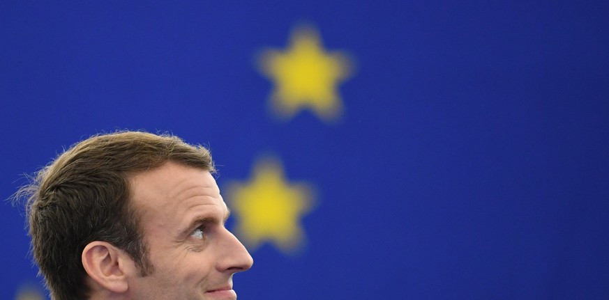 epa06674176 French President Emmanuel Macron moments before delivering a speech at the European Parliament in Strasbourg, France, 17 April 2018. Macron is in Strasbourg to debate the future of the Eur ...