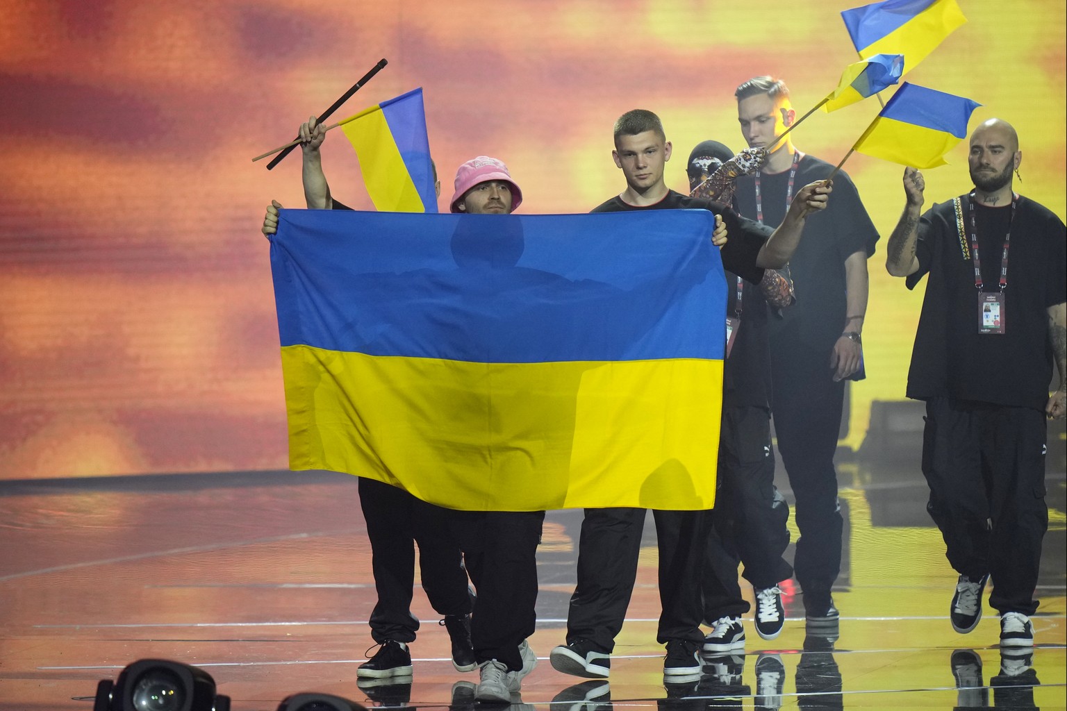 Kalush Orchestra from Ukraine arrives for the final dress rehearsal at the Eurovision Song Contest in Turin, Italy, Friday, May 13, 2022. (AP Photo/Luca Bruno)