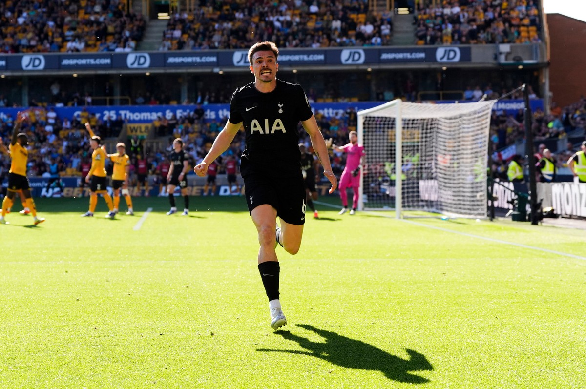 Tottenham Hotspur's Joao Palhinha celebrates scoring during the English Premier League soccer match between Wolverhampton Wanderers and Tottenham Hotspur in Wolverhampton, England, Saturday April ...