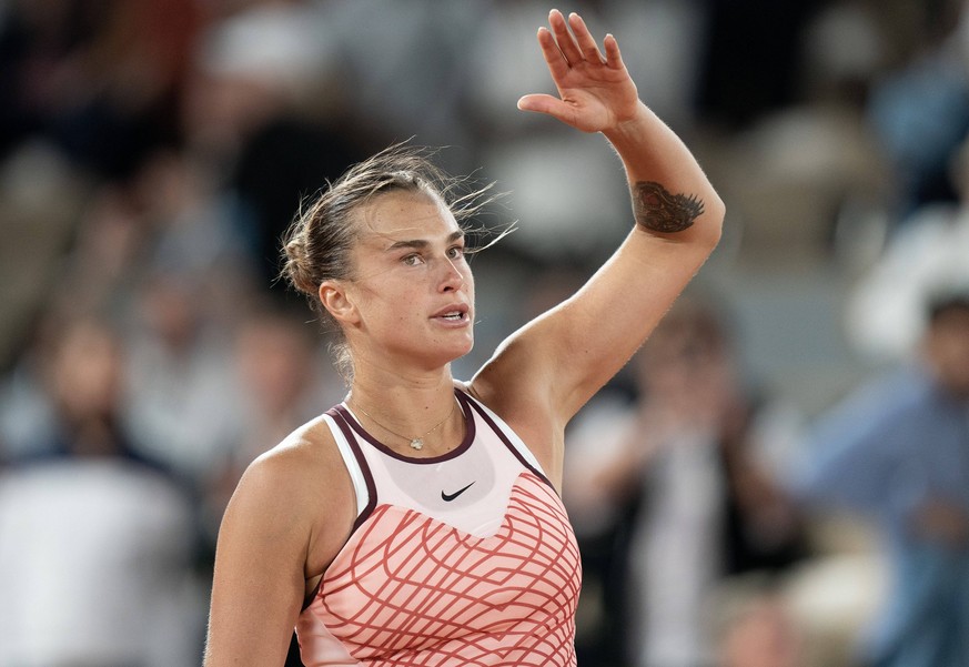 Tennis: French Open Jun 4, 2023 Paris,France Aryna Sabalenka celebrates winning her match against Sloane Stephens USA on day eight at Stade Roland-Garros. Paris Stade Roland-Garros ENTER STATE France, ...