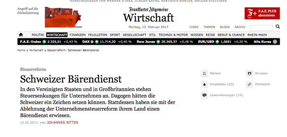 «Schweizer Bärendienst», nennt die FAZ die Abstimmung über die USR III. «Die Schweizer haben die von der Regierung geplante Unternehmenssteuerreform versenkt. Das ist bitter, denn die Stossrichtung de ...