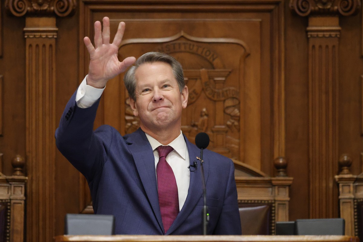 Georgia Gov. Brian Kemp delivers the State of the State address on the House floor of the state Capitol on Wednesday, Jan. 25, 2023, in Atlanta. (AP Photo/Alex Slitz)