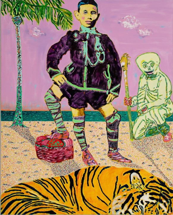Das Gemälde «Rousseau Walks on Trumpet Paths» (2024) leiht seinen Titel von Joni Mitchells «The Jungle Line». Die zentrale Figur ist Francesco Lentini, eine reale Person, die im frühen 20. Jahrhundert ...