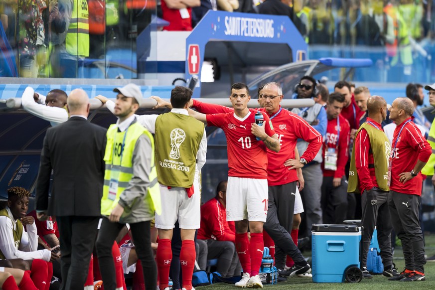 Switzerland&#039;s midfielder Granit Xhaka, center, reacts during the FIFA World Cup 2018 round of 16 soccer match between Sweden and Switzerland at the Krestovski Stadium, in St. Petersburg, Russia,  ...