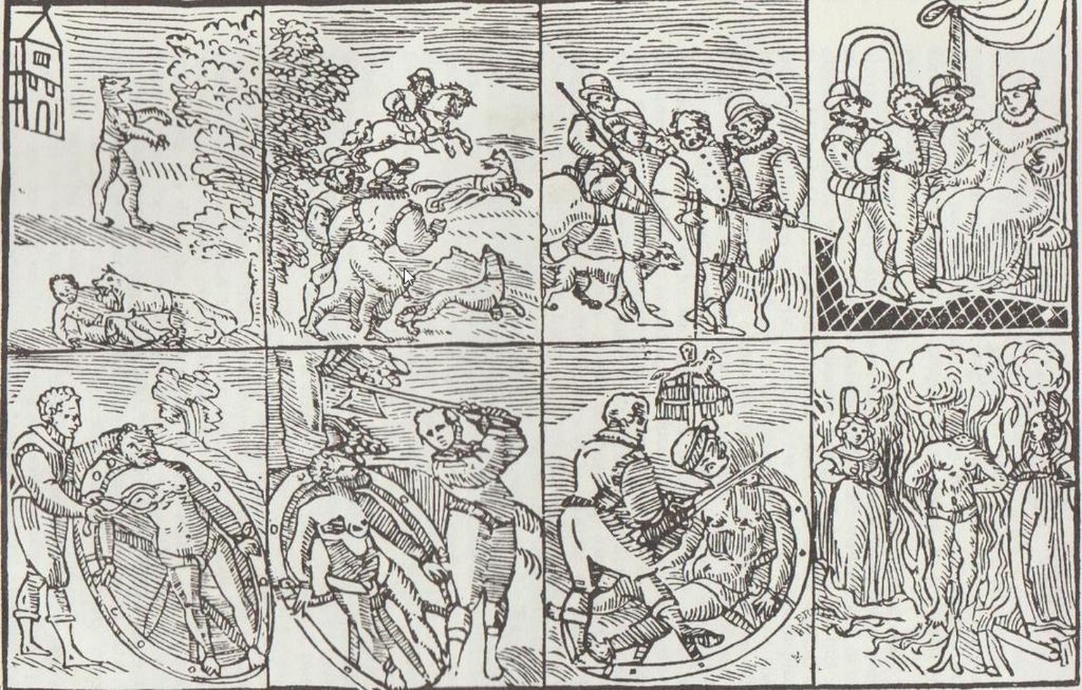 Holzschnitt aus der Londoner Flugschrift von 1590, die Peter Stump mit unversehrten Händen zeigt. Sie trägt den Titel: «A most true Discourse declaring the life and death of one Stubbe Peeter, being a ...